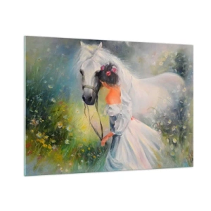 Quadro su vetro - Una donna in abito bianco con un cavallo bianco in un prato pieno di fiori. - 100x70cm - Come in un bel sogno - Decorazione murale moderna per soggiorno e camera da letto ARTTOR