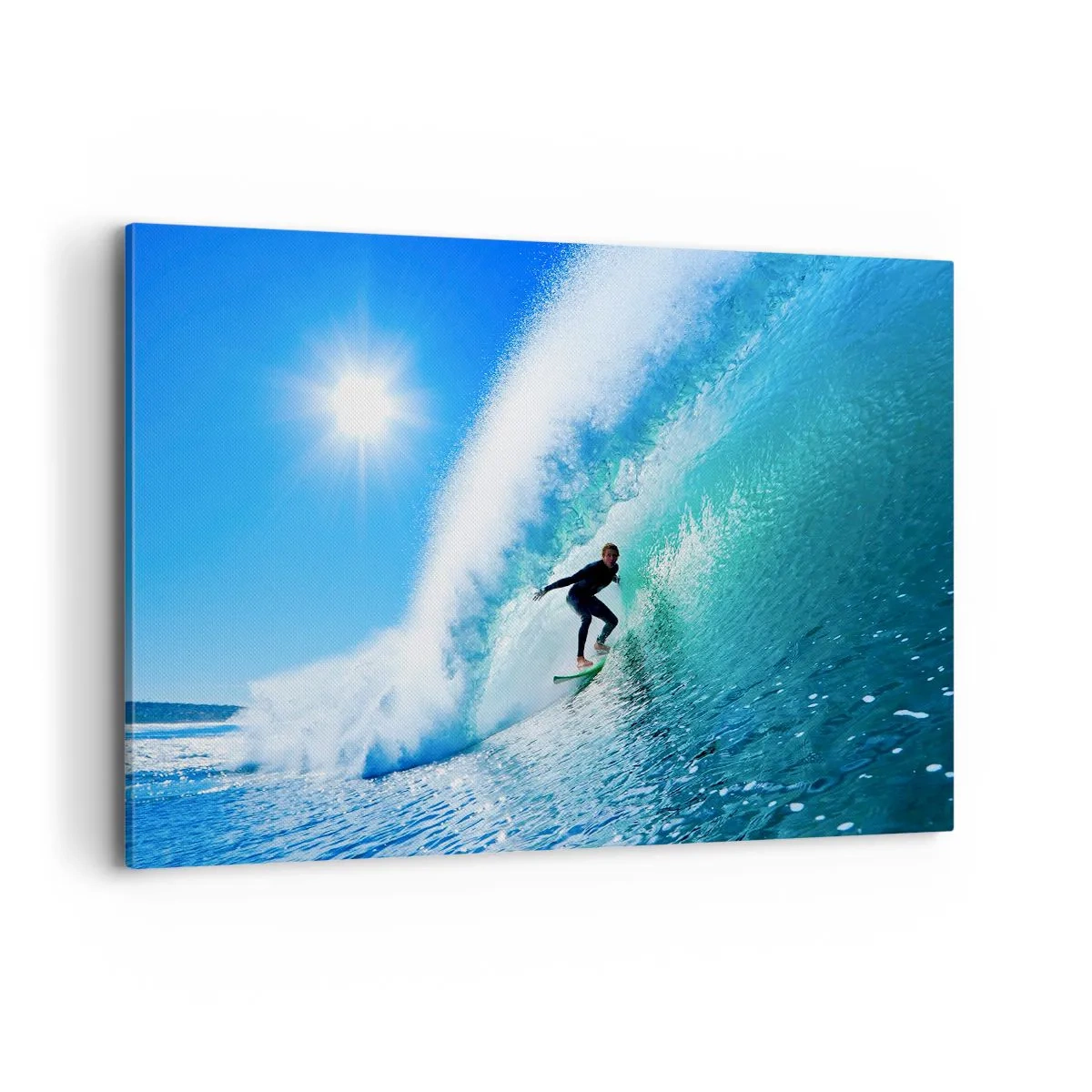 Quadro su tela - Stampe su Tela - Un surfista su una tavola cavalca un'onda potente sotto un cielo azzurro. - 120x80cm - Attraverso il grande blu - Decorazione murale moderna per soggiorno e camera da letto ARTTOR