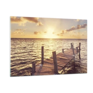 Quadro su vetro - Un molo di legno sullo sfondo del sole al tramonto - 120x80cm - Il paese dorato della mitezza - Decorazione murale moderna per soggiorno e camera da letto ARTTOR
