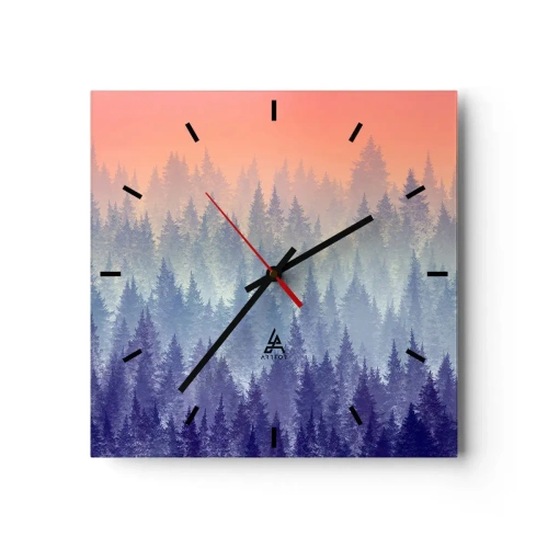 Orologio da parete - Orologio in Vetro - Una foresta nebbiosa nei toni del viola e dell'arancione - 30x30cm - Alto, più in alto, fino al cielo - Decorazione murale moderna per soggiorno e camera da letto ARTTOR