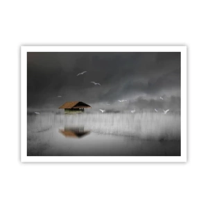 Poster - Un cottage solitario sull'acqua circondato da nebbia e uccelli - 100x70cm - Riparo dalla pioggia - Decorazione murale moderna per soggiorno e camera da letto ARTTOR