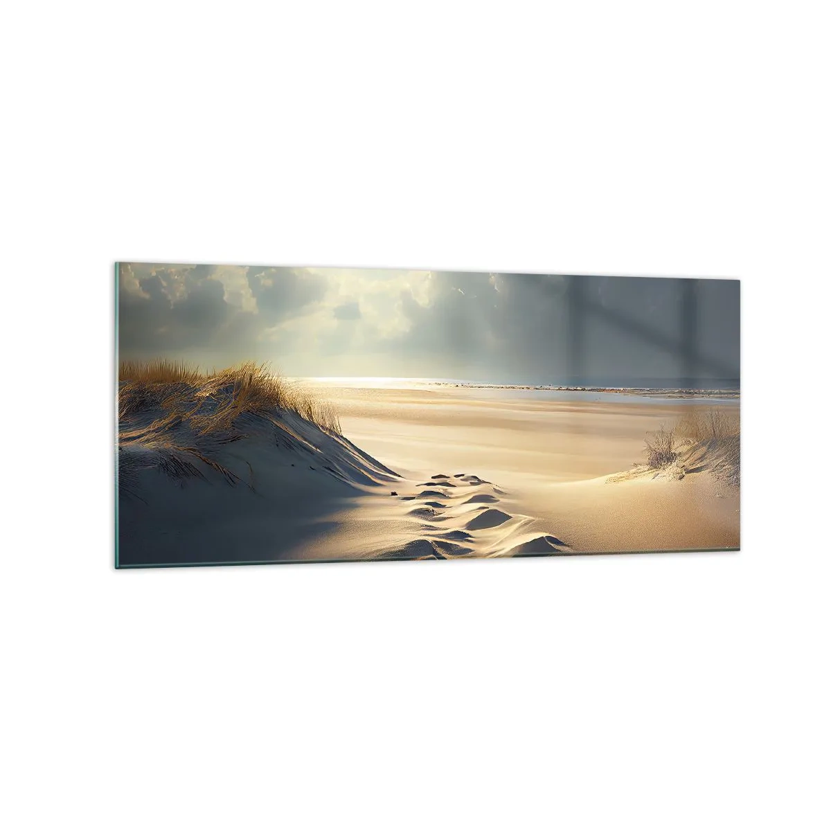 Quadro su vetro - Dune dorate sulla spiaggia al tramonto con vista sul mare - 120x50cm - Paesaggio rilassante - Decorazione murale moderna per soggiorno e camera da letto ARTTOR