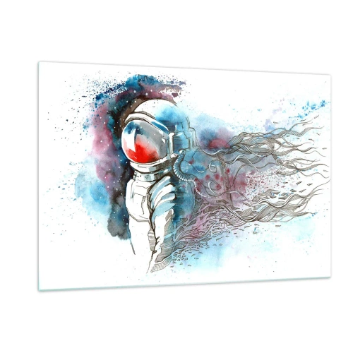 Quadro su vetro - Astronauta in un ambiente spaziale dinamico ad acquerello - 120x80cm - Da solo nel cosmo - Decorazione murale moderna per soggiorno e camera da letto ARTTOR