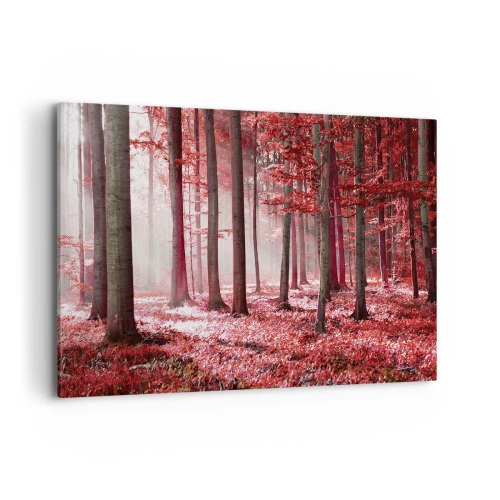 Quadro su tela - Stampe su Tela - Una splendida foresta dalle tonalità rosse con raggi di luce che penetrano attraverso gli alberi - 120x80cm - Anche rosso è bello - Decorazione murale moderna per soggiorno e camera da letto ARTTOR