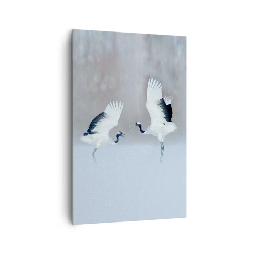 Quadro su tela - Stampe su Tela - Due gru che danzano in un paesaggio nebbioso - 80x120cm - Danza nella nebbia - Decorazione murale moderna per soggiorno e camera da letto ARTTOR