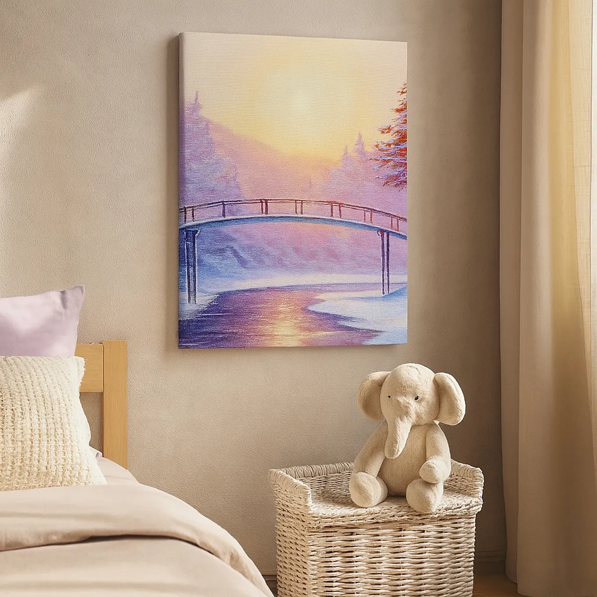 Quadro su tela - Stampe su Tela - Paesaggio invernale con un ponte illuminato dal tramonto - 50x70cm - Quattro stagioni: inverno - Decorazione murale moderna per soggiorno e camera da letto ARTTOR