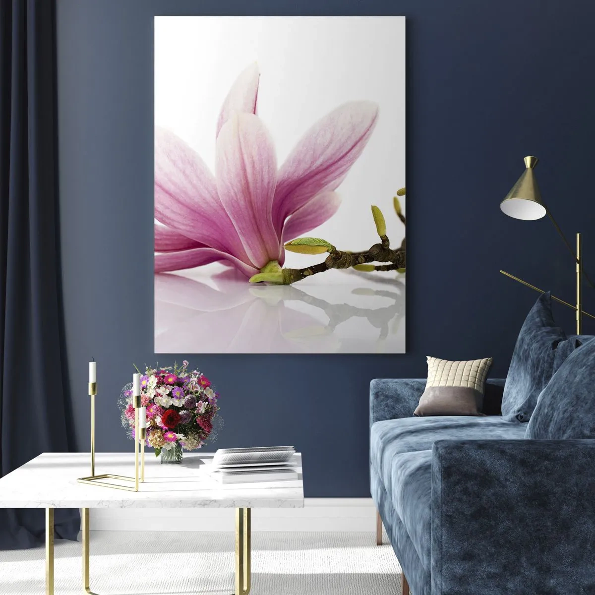 Quadro su vetro - Delicate magnolie rosa su sfondo bianco - 80x120cm - Delicati come un soffio di primavera - Decorazione murale moderna per soggiorno e camera da letto ARTTOR
