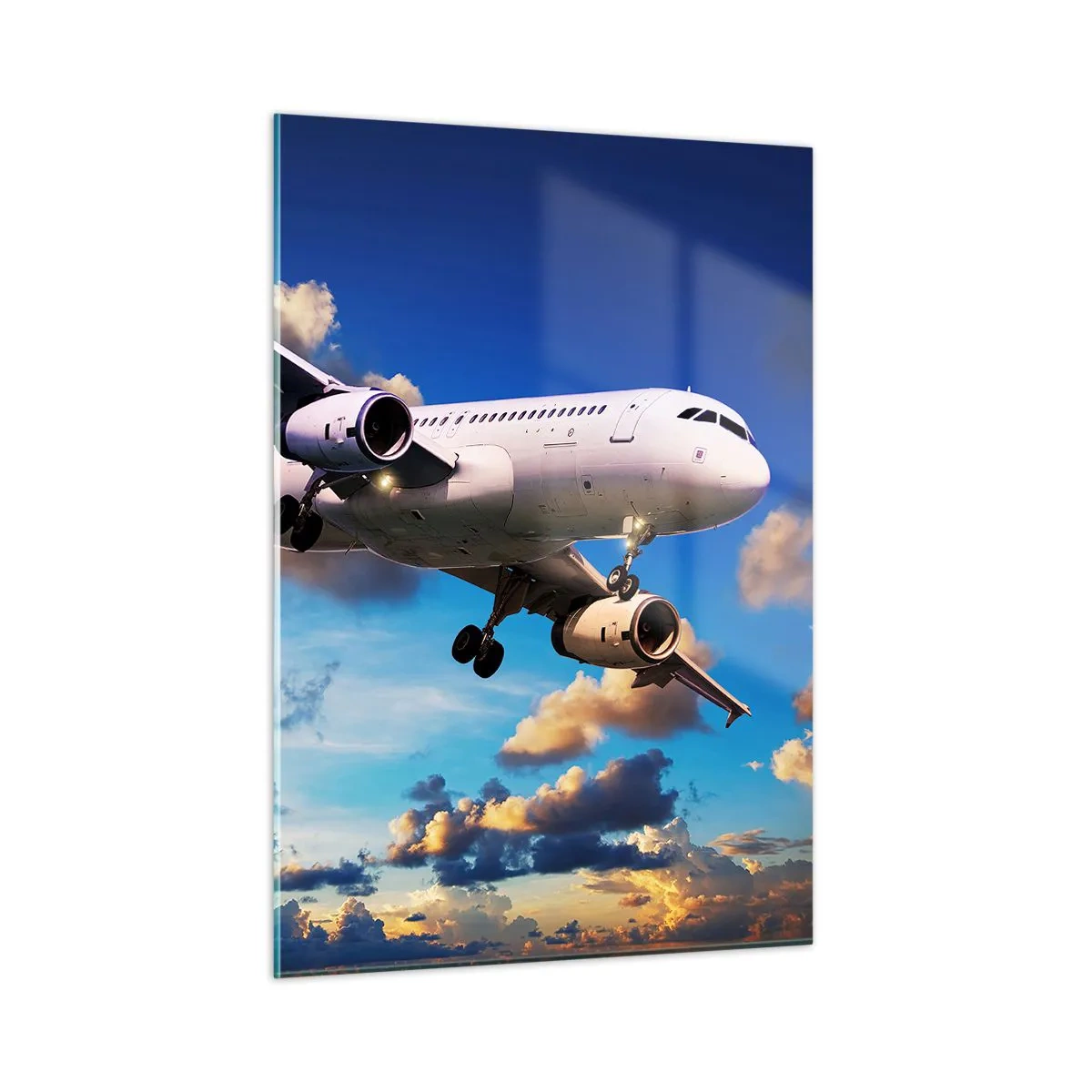 Quadro su vetro - Un aereo in volo contro un cielo pittoresco - 50x70cm - Viaggio nel bianco e nel blu - Decorazione murale moderna per soggiorno e camera da letto ARTTOR
