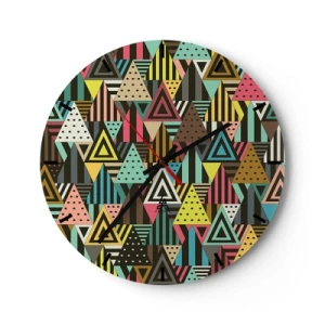 Orologio da parete - Orologio in Vetro - Triangoli colorati in un motivo geometrico su uno sfondo scuro - 30x30cm - Al ritmo di tre - Decorazione murale moderna per soggiorno, cucina e camera da letto ARTTOR