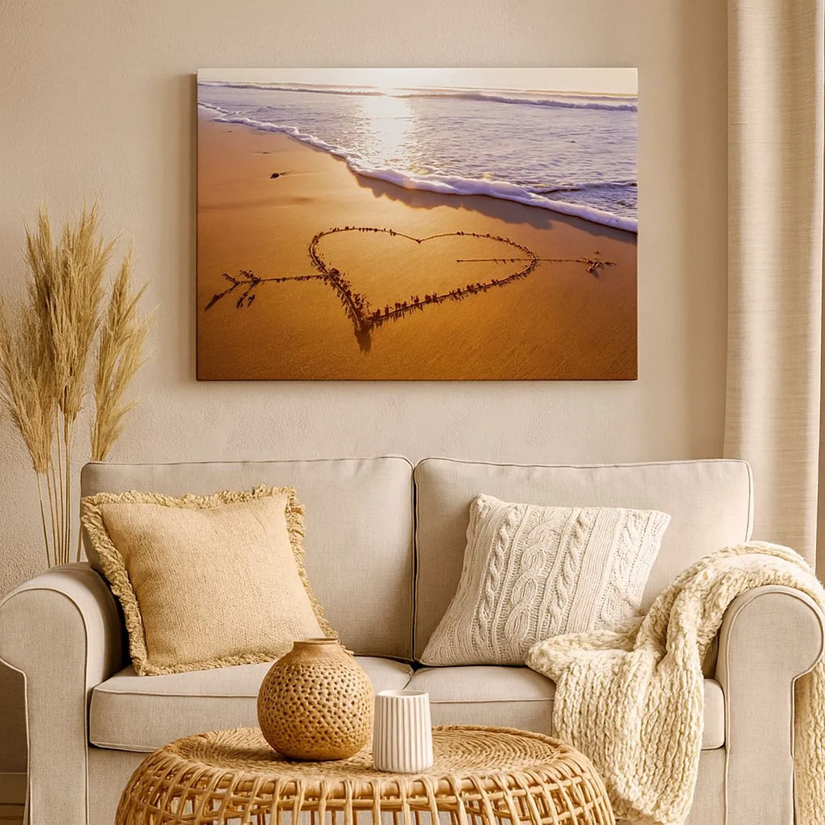 Quadro su tela - Stampe su Tela - Un cuore fatto di sabbia sulla spiaggia durante il tramonto - 70x50cm - Dichiarazione delle vacanze - Decorazione murale moderna per soggiorno e camera da letto ARTTOR