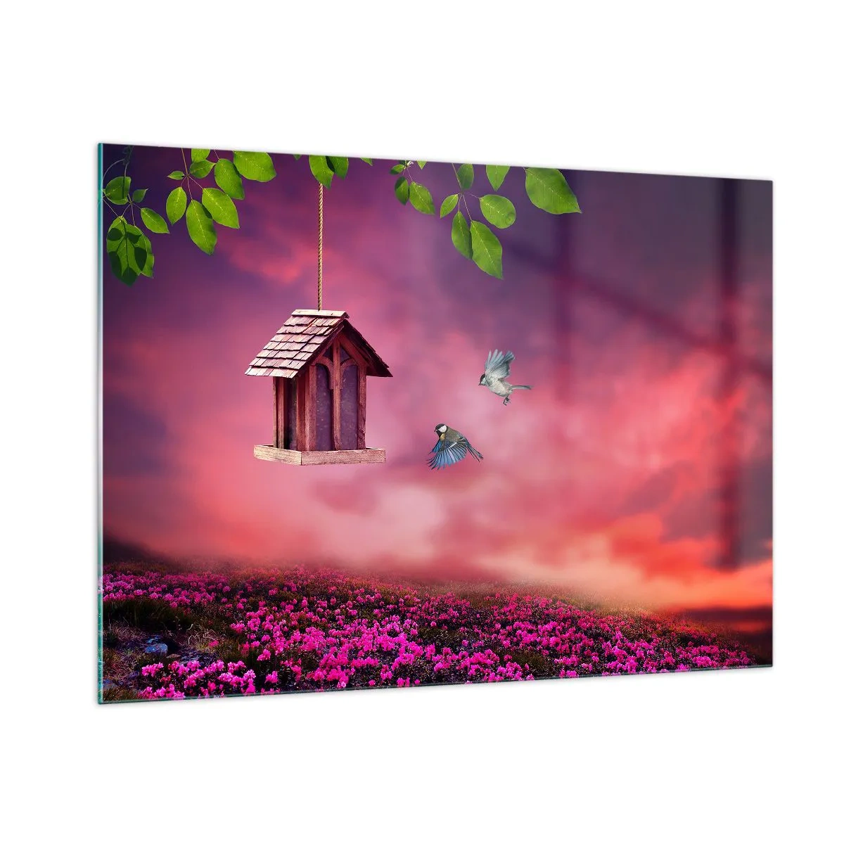 Quadro su vetro - Una mangiatoia per uccelli contro un cielo rosa - 100x70cm - Invito a cena - Decorazione murale moderna per soggiorno e camera da letto ARTTOR