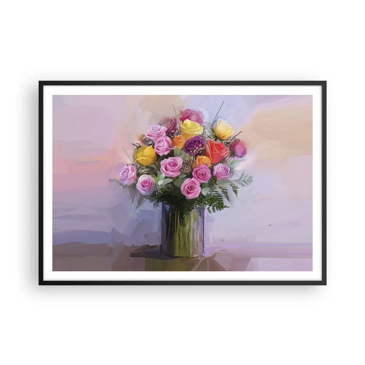 Poster in cornice nera - Un mazzo di rose colorate in un vaso di vetro - 100x70cm - Bellezza immobile - Decorazione murale moderna per soggiorno e camera da letto ARTTOR