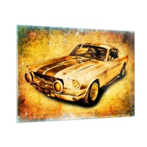 Quadro su vetro - Auto sportiva classica con uno sfondo vintage - 100x70cm - I folli anni '70 - Decorazione murale moderna per soggiorno e camera da letto ARTTOR