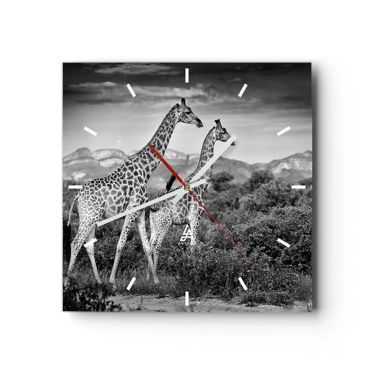 Orologio da parete - Orologio in Vetro - Sagome in bianco e nero di due giraffe nella savana - 30x30cm - Alta classe in Africa - Decorazione murale moderna per soggiorno e camera da letto ARTTOR