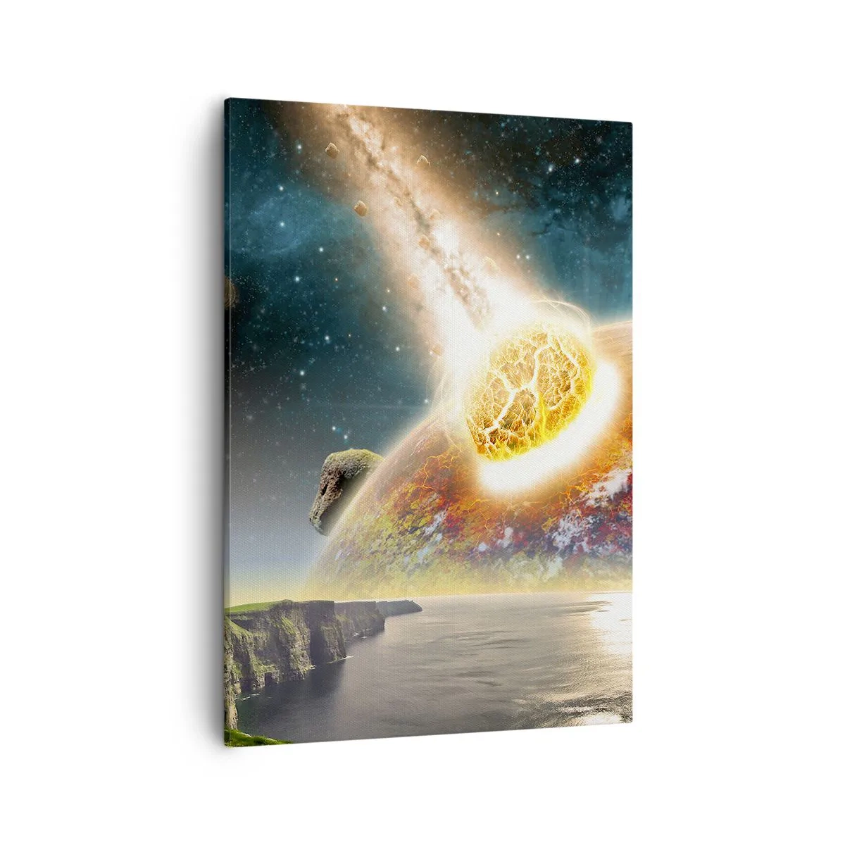 Quadro su tela - Stampe su Tela - Un meteorite si scontra con un pianeta in un paesaggio cosmico. - 50x70cm - Dramma cosmico - Decorazione murale moderna per soggiorno e camera da letto ARTTOR