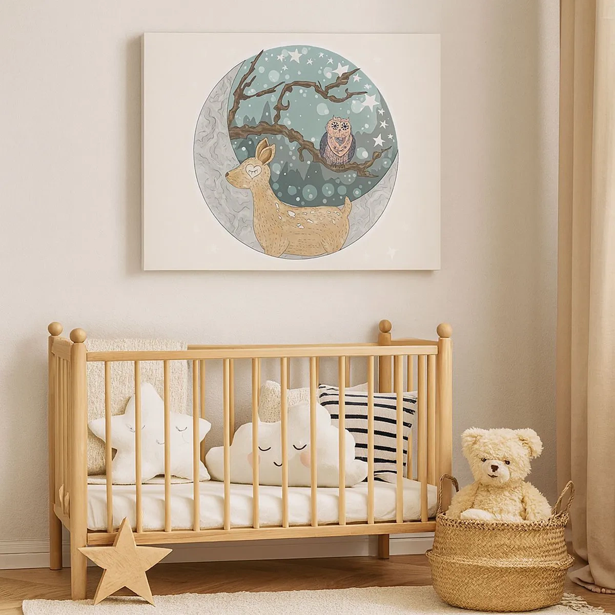 Quadro su tela - Stampe su Tela - Un cervo e un gufo in un paesaggio notturno da favola - 70x50cm - Notte fiabesca nel bosco - Decorazione murale moderna per soggiorno e camera da letto ARTTOR