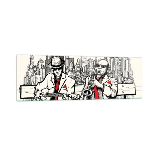 Quadro su vetro - Un duo jazz con sassofono e chitarra sullo sfondo della città - 160x50cm - Improvvisare a New York - Decorazione murale moderna per soggiorno e camera da letto ARTTOR