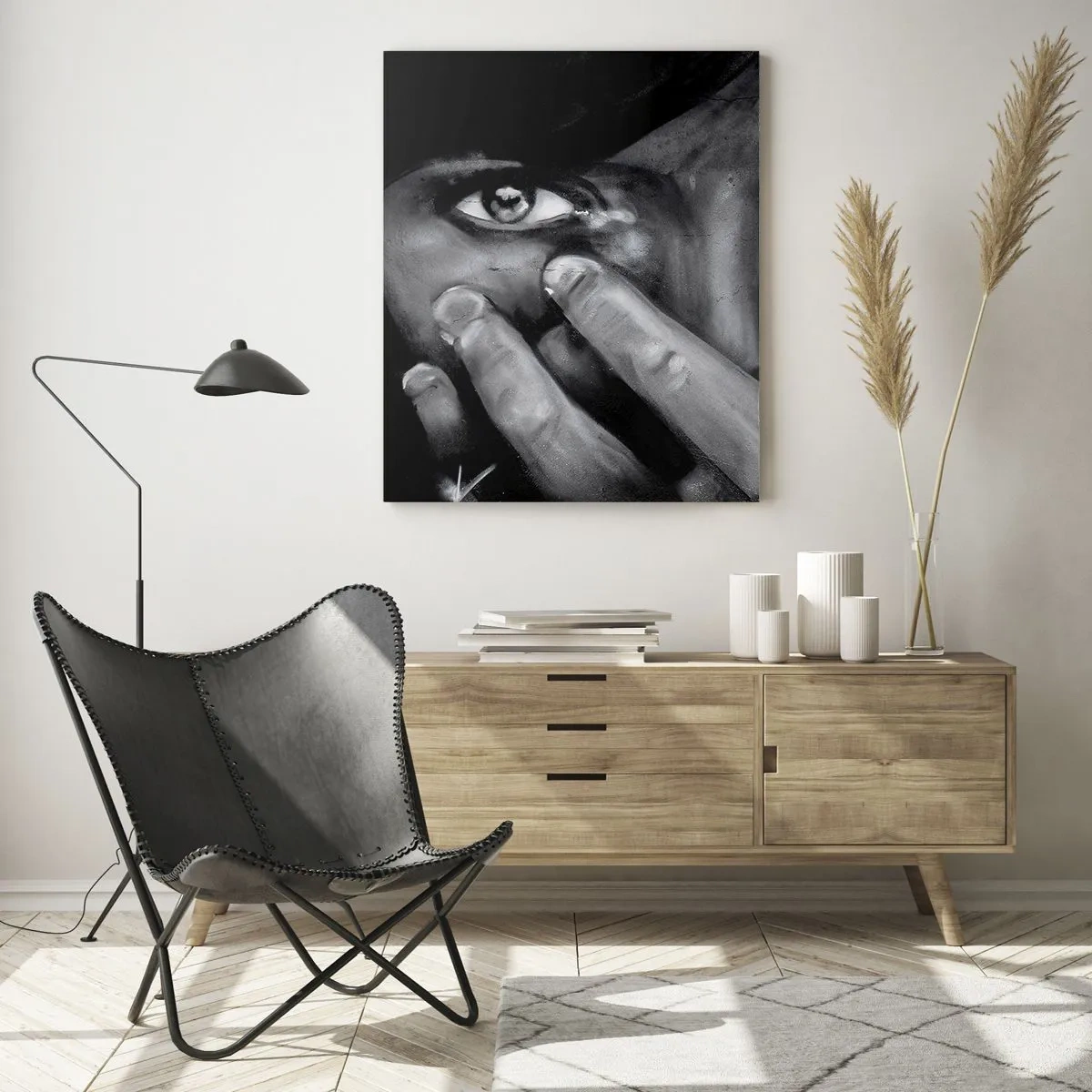 Quadro su vetro - Un ritratto in bianco e nero dallo sguardo emotivo - 50x70cm - Non dico chi l'ha dipinto - Decorazione murale moderna per soggiorno e camera da letto ARTTOR