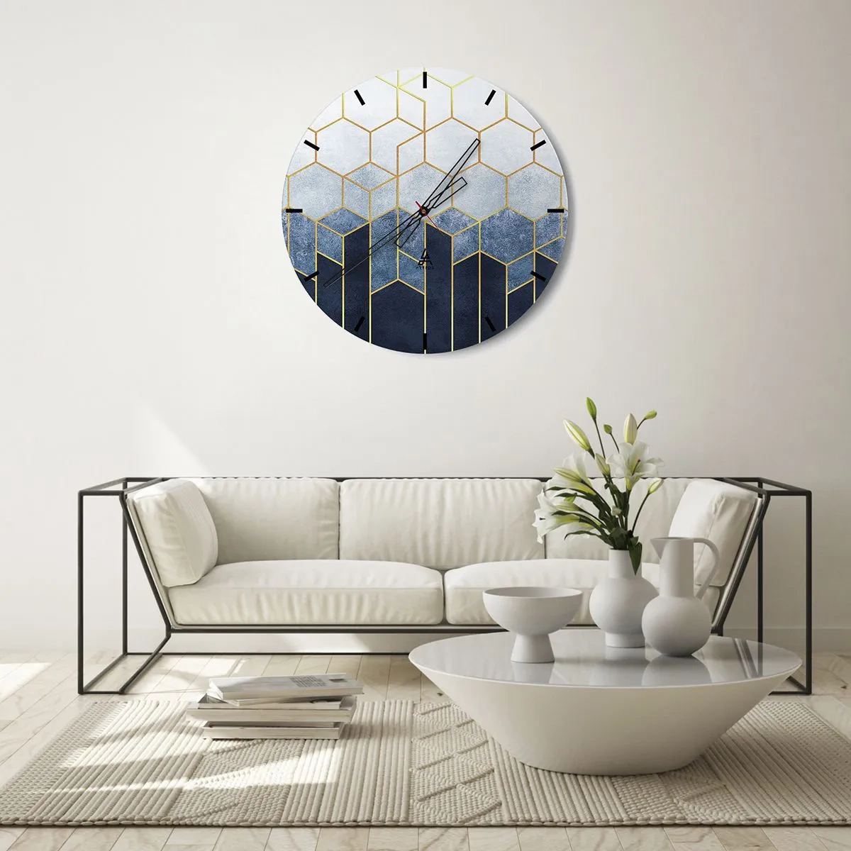 Orologio da parete - Orologio in Vetro - Motivo geometrico a cubo nei toni del blu e dell'oro - 30x30cm - Composizione a ritmo sincopato - Decorazione murale moderna per soggiorno, cucina e camera da letto ARTTOR