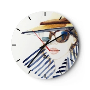 Orologio da parete - Orologio in Vetro - Donna elegante con cappello e occhiali da sole - 30x30cm - La Florida dà il benvenuto! - Decorazione murale moderna per soggiorno, cucina e camera da letto ARTTOR