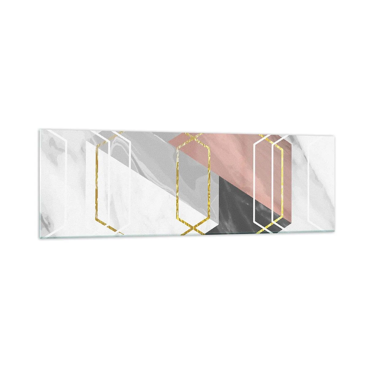 Quadro su vetro - Figure geometriche con accenti in oro e marmo - 160x50cm - Composizione a catena - Decorazione murale moderna per soggiorno e camera da letto ARTTOR