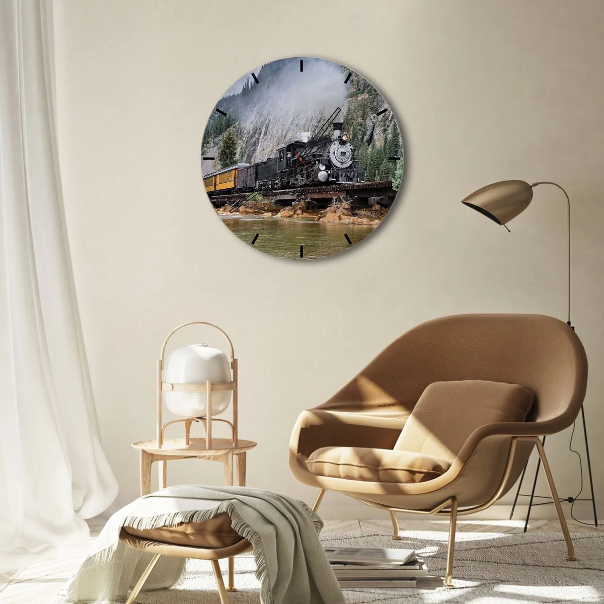 Orologio da parete - Orologio in Vetro - Una locomotiva a vapore su un ponte in un paesaggio montuoso sopra un fiume - 30x30cm - Dove andiamo? - Decorazione murale moderna per soggiorno, cucina e camera da letto ARTTOR