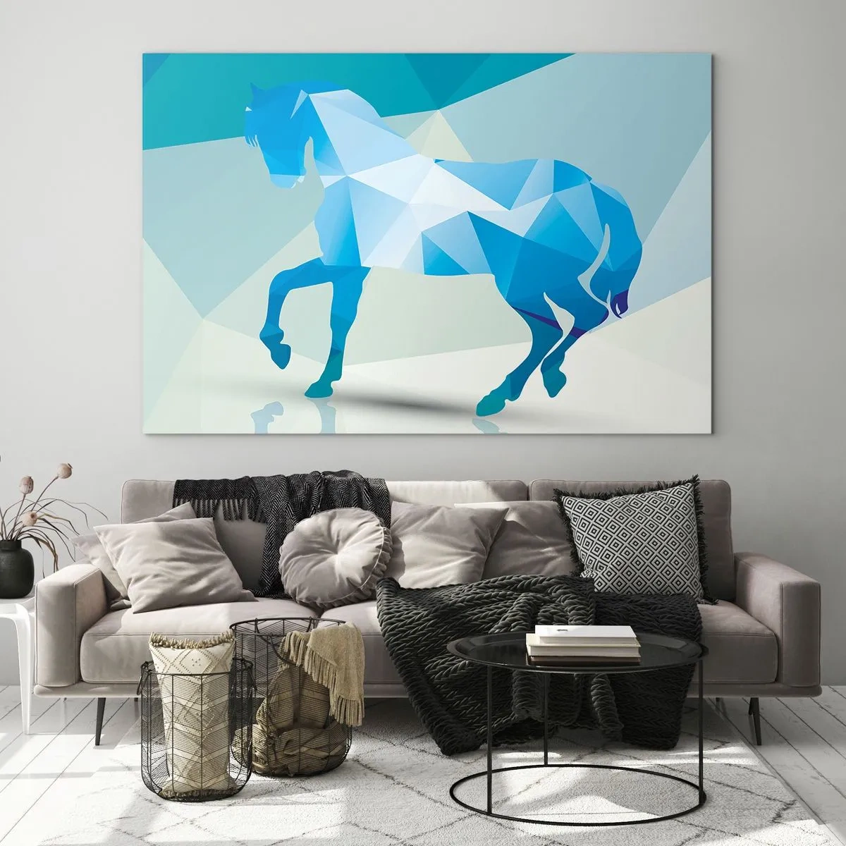 Quadro su vetro - Cavallo geometrico nei toni del blu e del bianco - 120x80cm - Cavallo geometrico nel turchese - Decorazione murale moderna per soggiorno e camera da letto ARTTOR