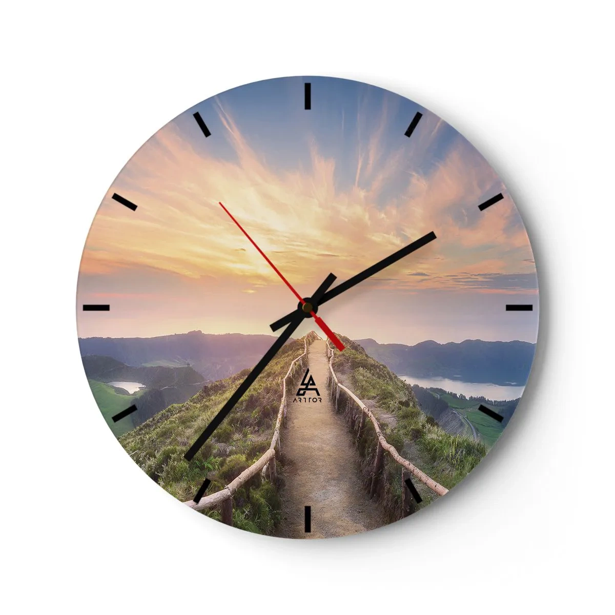 Orologio da parete - Orologio in Vetro - Un sentiero che attraversa le colline con il sole al tramonto sullo sfondo - 30x30cm - Vicino al cielo - Decorazione murale moderna per soggiorno, cucina e camera da letto ARTTOR