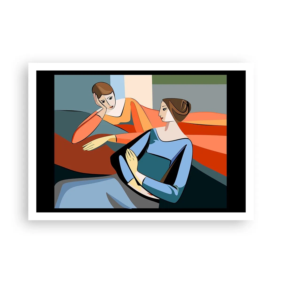 Poster - Illustrazione astratta di due donne in stile cubista - 100x70cm - Il momento delle confidenze - Decorazione murale moderna per soggiorno e camera da letto ARTTOR