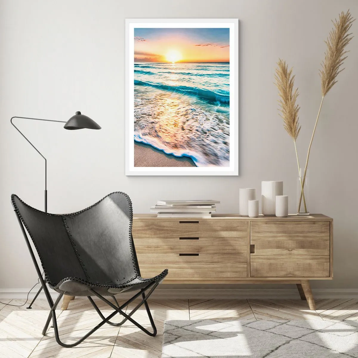 Poster in cornice bianca - Tramonto sul mare - 61x91 cm