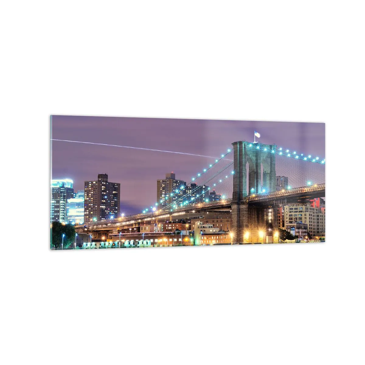 Quadro su vetro - Ponte di Brooklyn di notte con la città illuminata sullo sfondo - 120x50cm - Da tanti anni il ponte di Brooklyn - Decorazione murale moderna per soggiorno e camera da letto ARTTOR