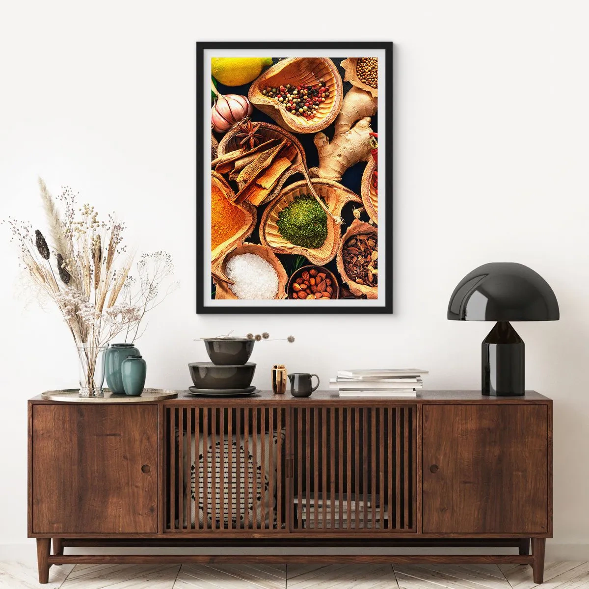 Poster in cornice nera - Primo piano delle spezie in contenitori naturali - 50x70cm - Prendi quello che vuoi - Decorazione murale moderna per soggiorno e camera da letto ARTTOR