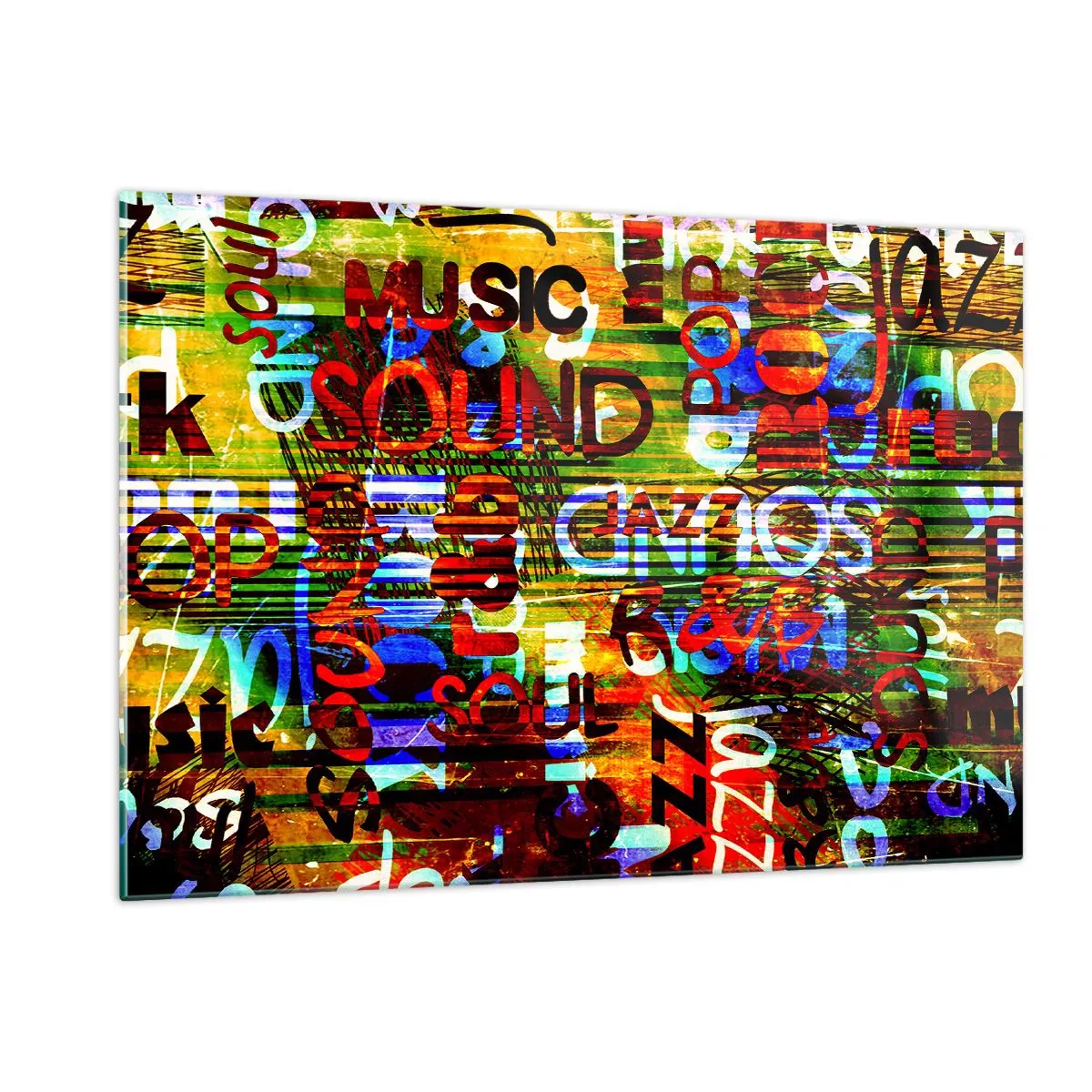 Quadro su vetro - Iscrizioni colorate su uno sfondo di mosaico artistico - 120x80cm - Tutti i colori del suono - Decorazione murale moderna per soggiorno e camera da letto ARTTOR