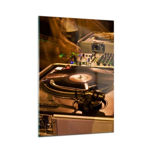 Quadro su vetro - Un giradischi sullo sfondo di una festa con effetti di luce dinamici - 50x70cm - Senti la forza? - Decorazione murale moderna per soggiorno e camera da letto ARTTOR