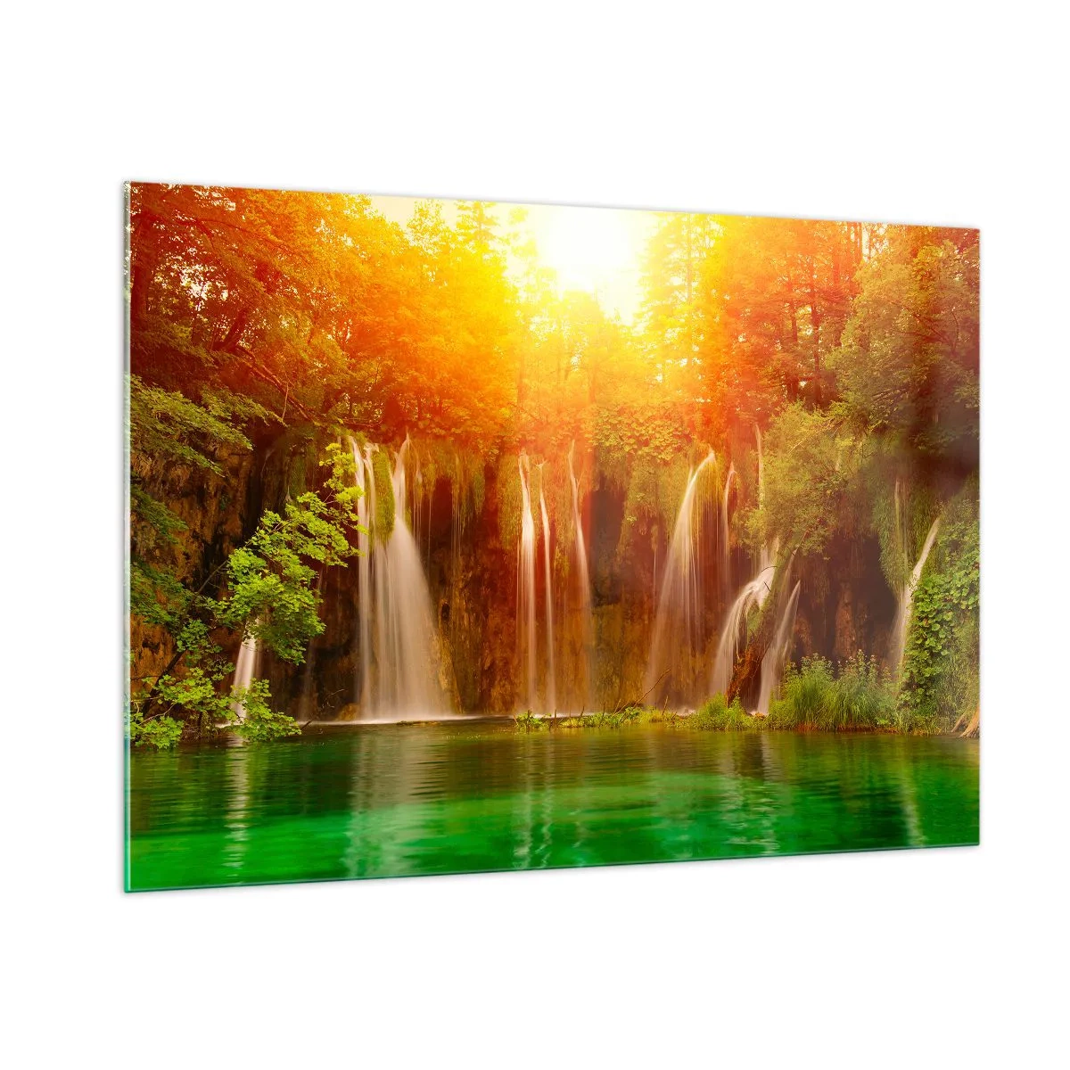Quadro su vetro - Cascate in una foresta soleggiata con acqua turchese - 100x70cm - Al sole e all'ombra - Decorazione murale moderna per soggiorno e camera da letto ARTTOR