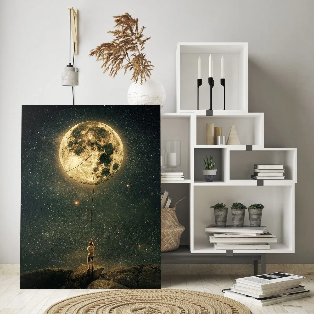 Quadro su vetro - Uomo con la Luna contro il cielo stellato - 80x120cm - Chi ha rubato la luna - Decorazione murale moderna per soggiorno e camera da letto ARTTOR