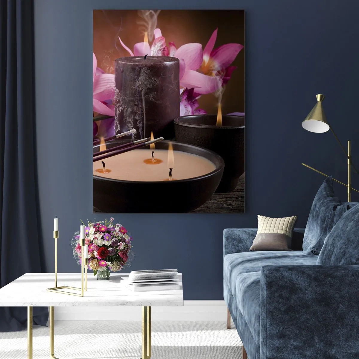 Quadro su vetro - Statuetta di Buddha con candele accese e bastoncini di incenso - 70x100cm - Purificare la mente, calmare il corpo - Decorazione murale moderna per soggiorno e camera da letto ARTTOR