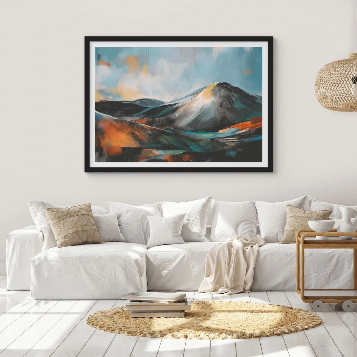 Poster in cornice nera - Paesaggio montano astratto in tonalità calde - 70x50cm - Aspri e belli - Decorazione murale moderna per soggiorno e camera da letto ARTTOR