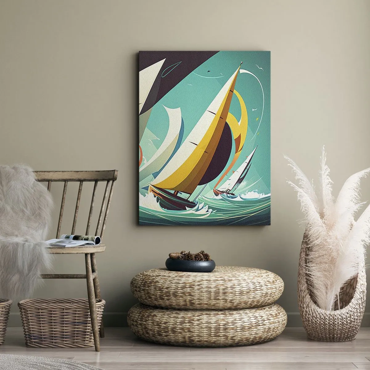 Quadro su tela - Stampe su Tela - Un'illustrazione dinamica di barche a vela in un mare in tempesta. - 70x100cm - Compagne degli elementi - Decorazione murale moderna per soggiorno e camera da letto ARTTOR