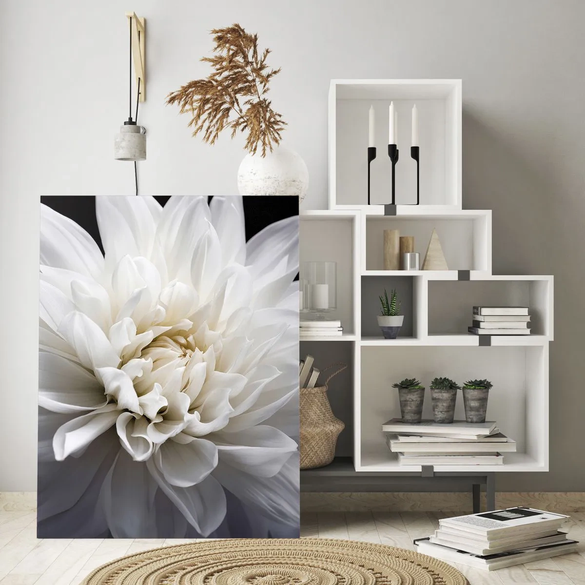 Quadro su vetro - Primo piano di una dalia bianca su sfondo nero e grigio - 50x70cm - Il mattino della sposa - Decorazione murale moderna per soggiorno e camera da letto ARTTOR