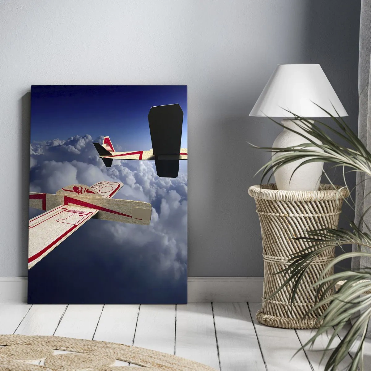 Quadro su tela - Stampe su Tela - Due aeroplani di legno che sorvolano le nuvole contro un cielo azzurro. - 50x70cm - Più in alto, più lontano - Decorazione murale moderna per soggiorno e camera da letto ARTTOR