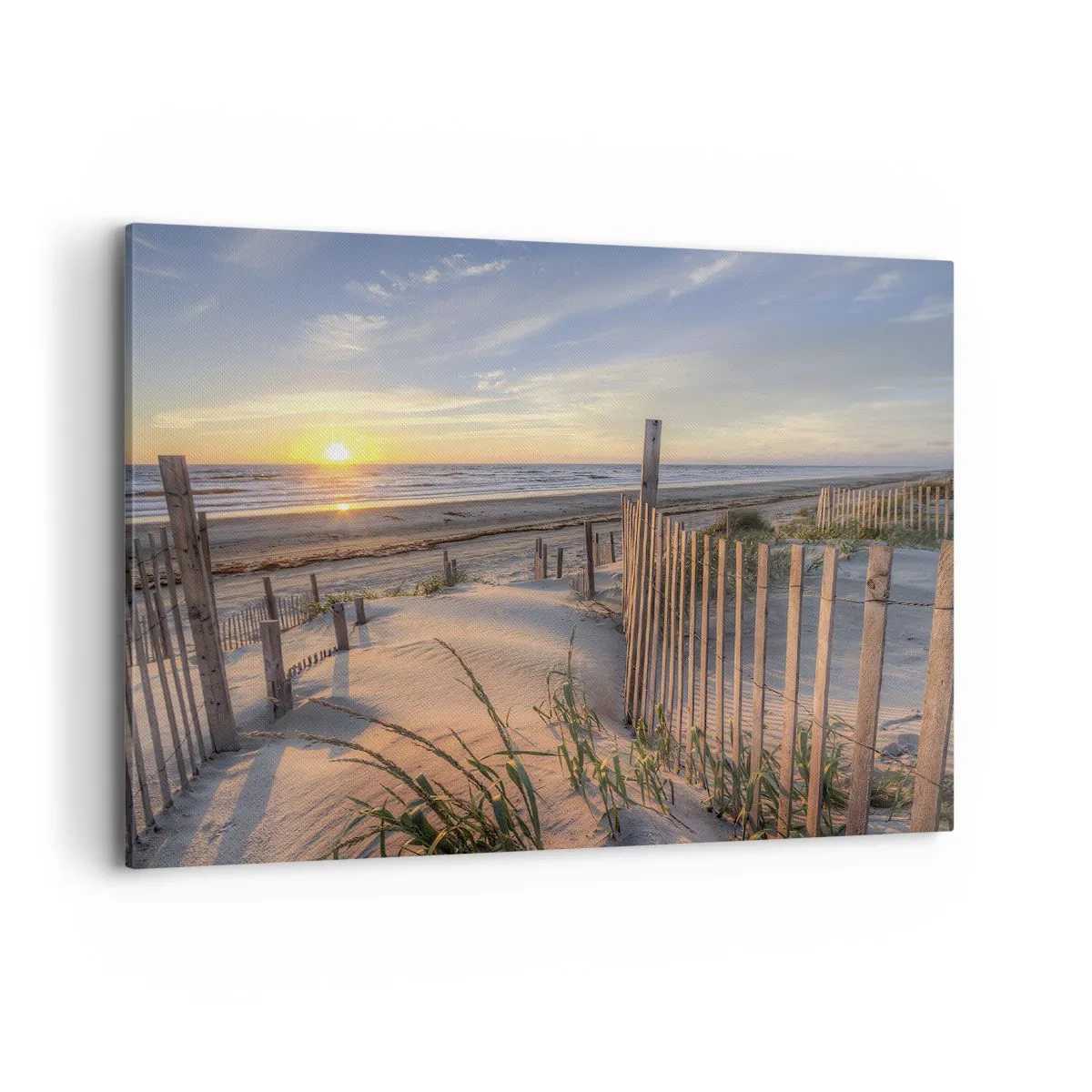 Quadro su tela - Stampe su Tela - Spiaggia al tramonto con recinzione in legno - 100x70cm - Luci e ombre del vento - Decorazione murale moderna per soggiorno e camera da letto ARTTOR