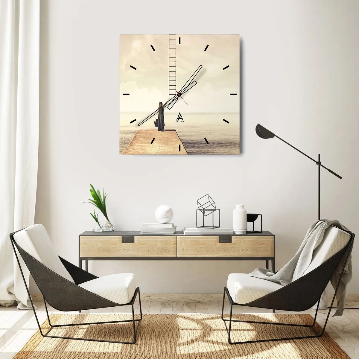 Orologio da parete - Orologio in Vetro - Una donna in piedi su un molo con una scala che porta al cielo - 30x30cm - Viaggio magico - Decorazione murale moderna per soggiorno e camera da letto ARTTOR