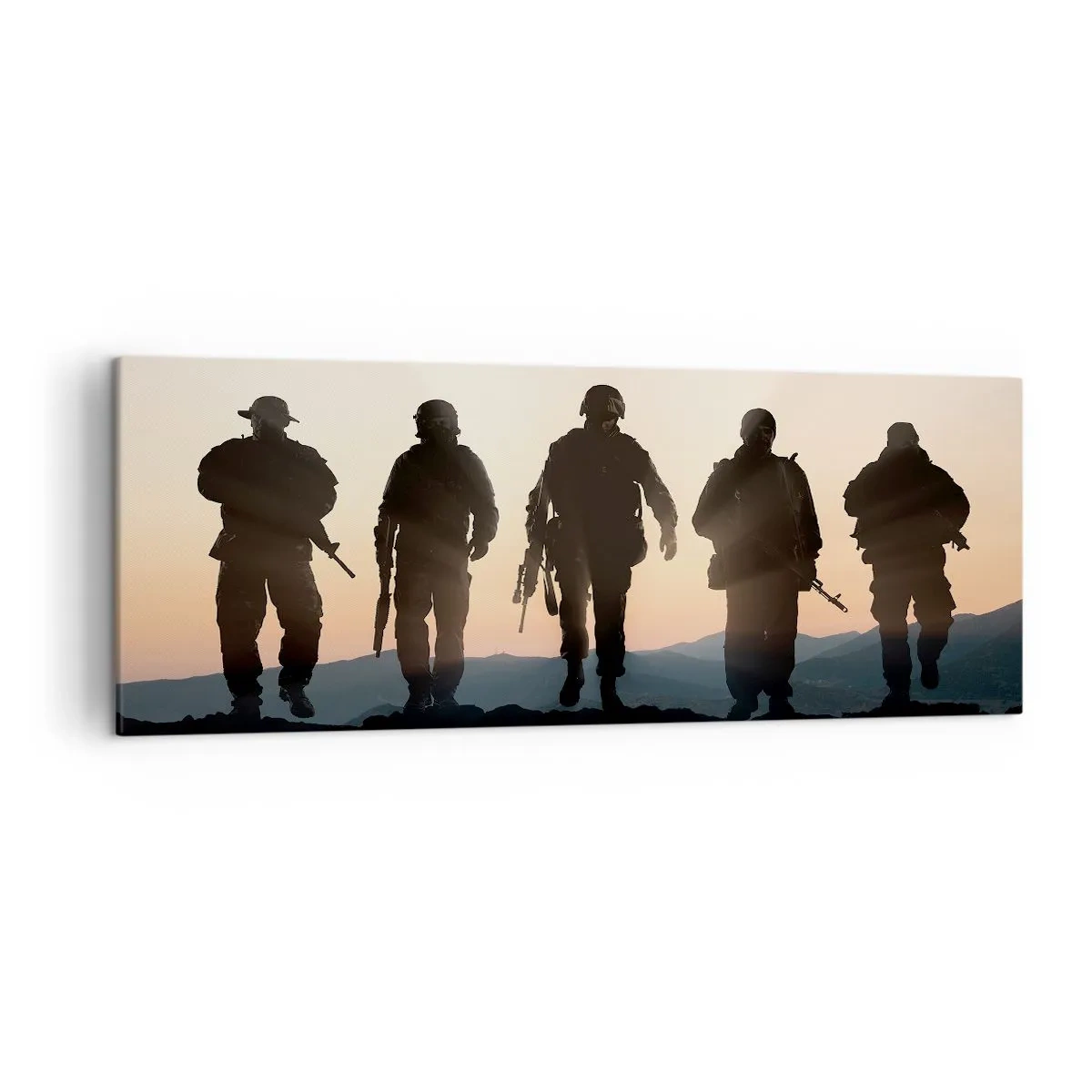 Quadro su tela - Stampe su Tela - Sagome di soldati e aerei da combattimento sullo sfondo del tramonto - 140x50cm - Benvenuto nel nostro mondo - Decorazione murale moderna per soggiorno e camera da letto ARTTOR
