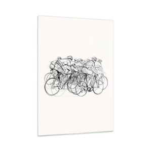 Quadro su vetro - Schizzo di un gruppo di ciclisti durante una gara su sfondo bianco - 50x70cm - Insieme - Decorazione murale moderna per soggiorno e camera da letto ARTTOR
