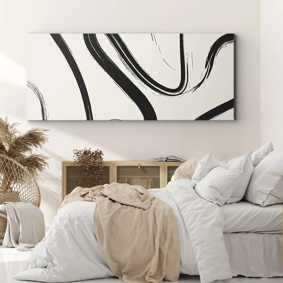 Quadro su tela - Stampe su Tela - Linee curve in bianco e nero su uno sfondo chiaro - 140x50cm - Capriccio bianco e nero - Decorazione murale moderna per soggiorno e camera da letto ARTTOR