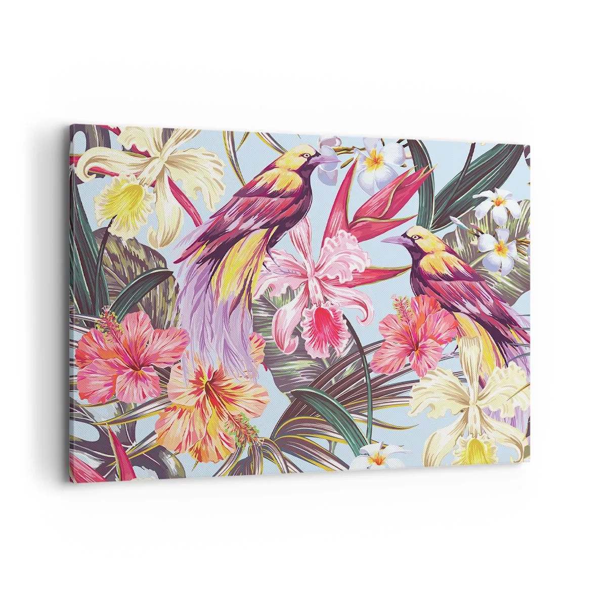 Quadro su tela - Stampe su Tela - Uccelli esotici tra i fiori tropicali - 100x70cm - Petali e piume - Decorazione murale moderna per soggiorno e camera da letto ARTTOR