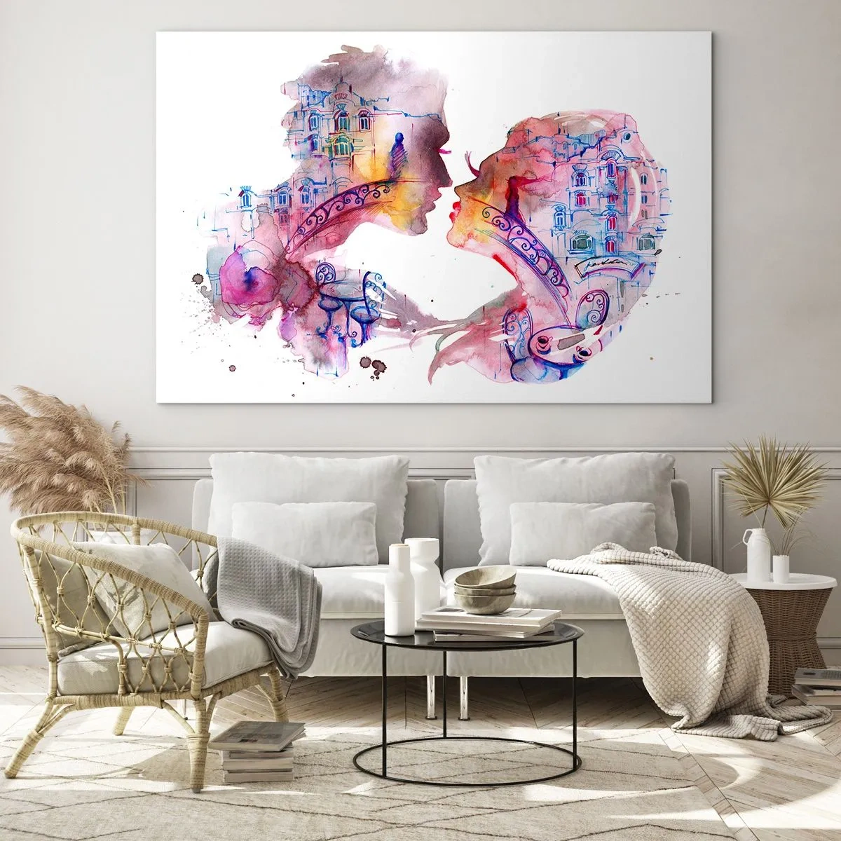 Quadro su vetro - Illustrazione di un ritratto astratto di due persone a forma di cuore - 70x50cm - Misterioso ponte dei sospiri - Decorazione murale moderna per soggiorno e camera da letto ARTTOR