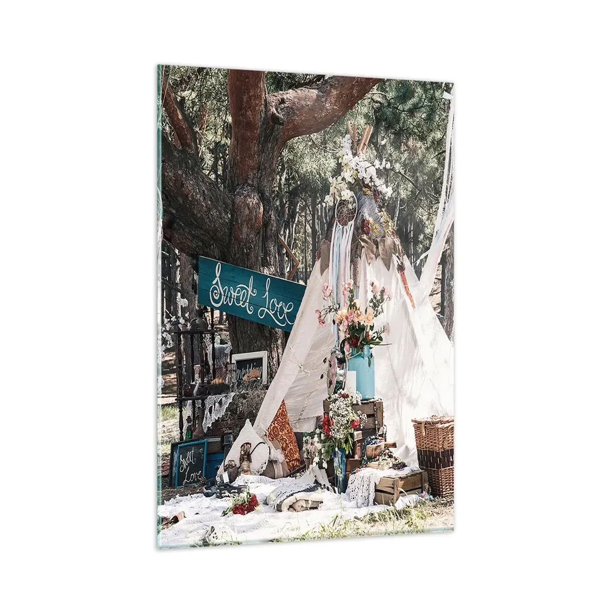 Quadro su vetro - Decorazione boho con un teepee nella foresta - 80x120cm - Make love... - Decorazione murale moderna per soggiorno e camera da letto ARTTOR