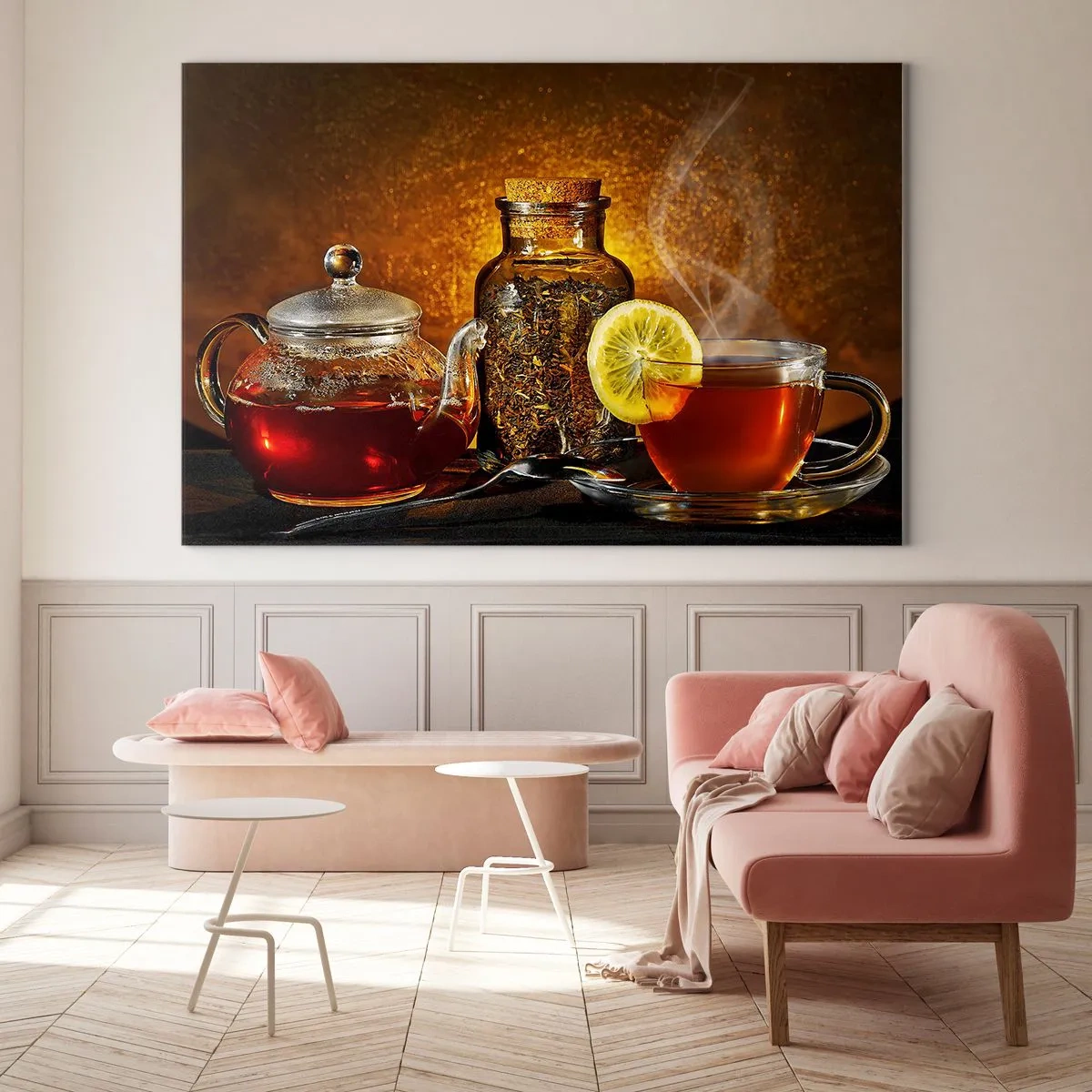 Quadro su vetro - Una teiera di vetro e una tazza di tè al limone - 100x70cm - Nello stile dei maestri olandesi - Decorazione murale moderna per soggiorno e camera da letto ARTTOR